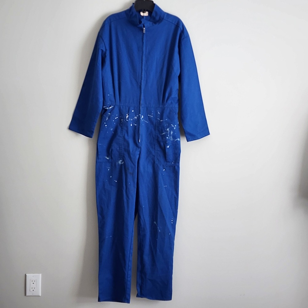 Finnmark 70s Blue Coveralls Womens Size 14 Paint Splatter Cotton Jumpsuit Boiler